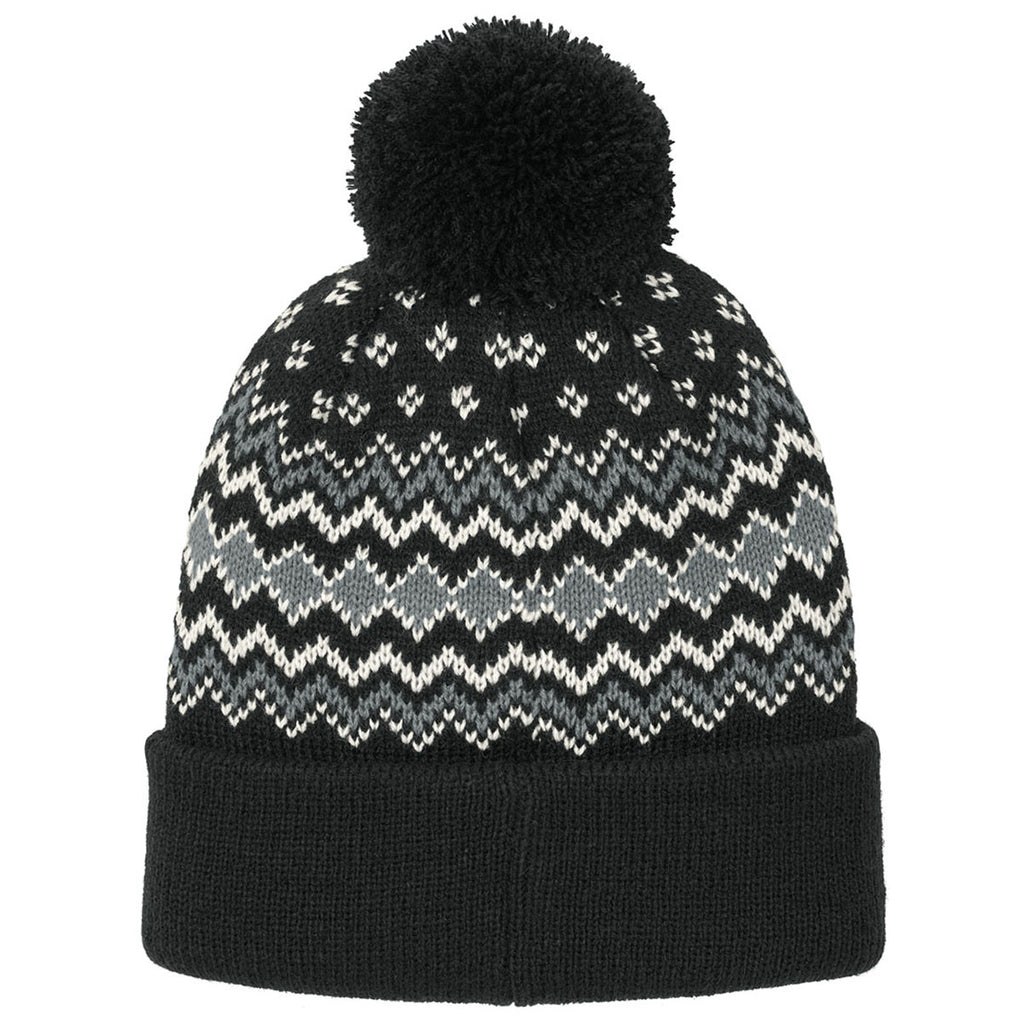 Port Authority Deep Black/Gusty Grey/Marshmallow Alpine Pom Beanie