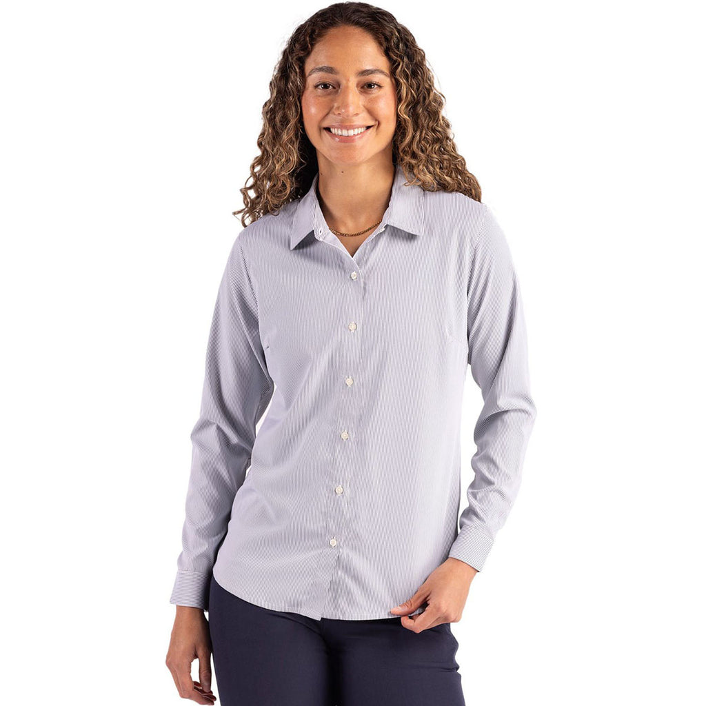 Cutter & Buck Women's Elemental Grey/White Skyline Epic Confidence Recycled Pinstripe Long Sleeve Dress Shirt