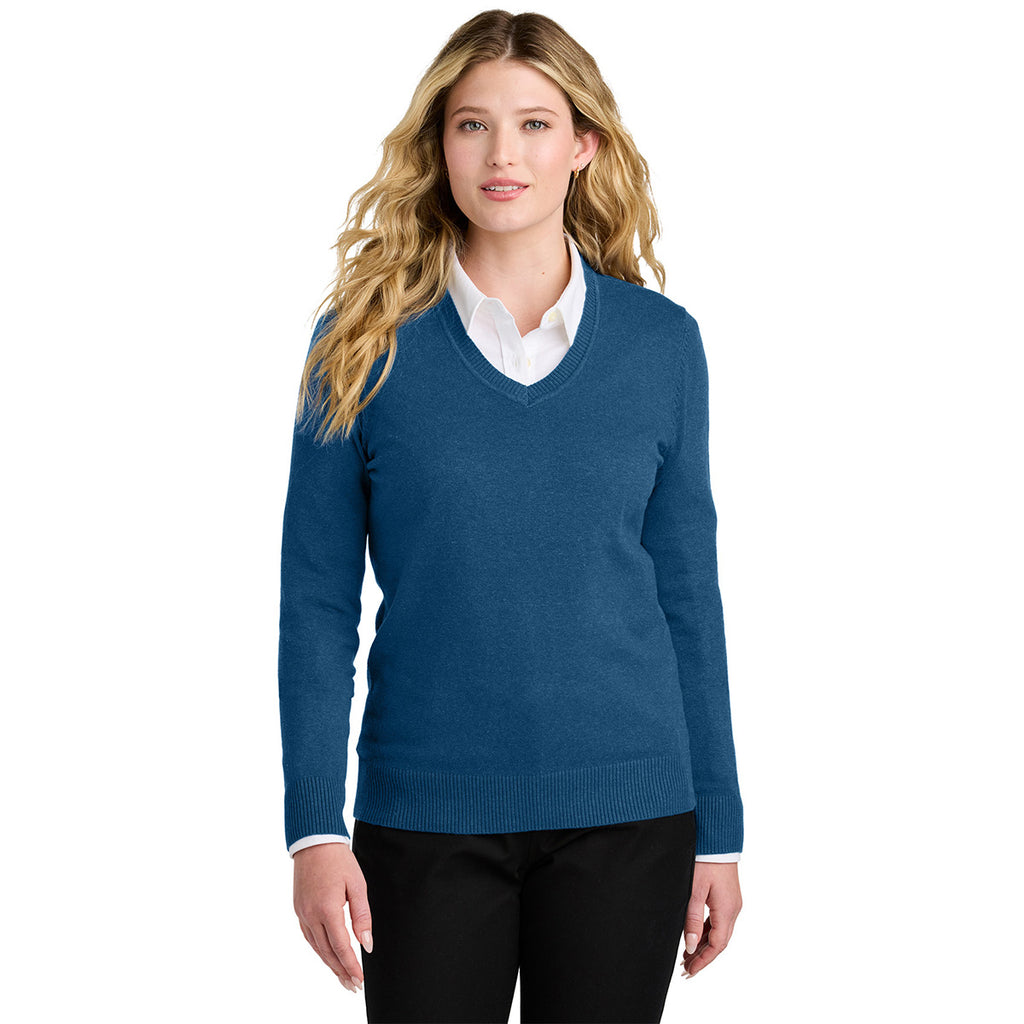 Port Authority Women's Aegean Blue Heather Easy Care V-Neck Sweater