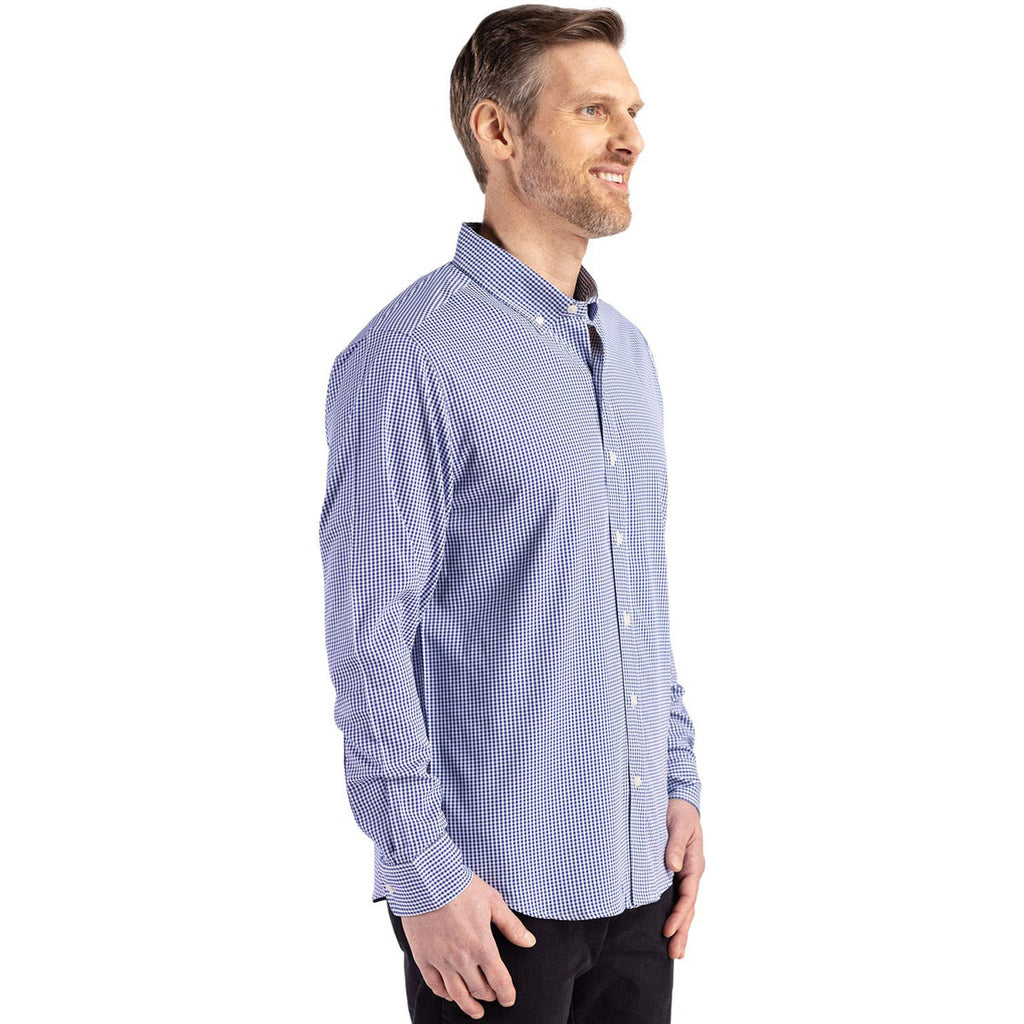 Cutter & Buck Men's Tour Blue/White Skyline Epic Confidence Recycled Gingham Long Sleeve Dress Shirt