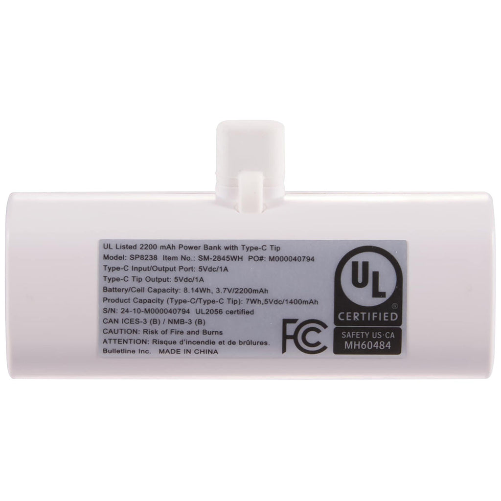 Bullet White UL Listed 2,200 mAh Power Bank with Type-C Tip