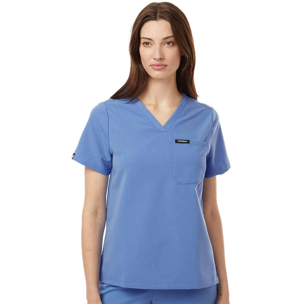 Jaanuu Women's Ceil Blue Rhena Essential 1-Pocket Scrub V-Neck Top