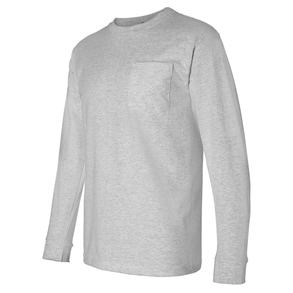 Bayside Men's Dark Ash USA-Made Long Sleeve T-Shirt with Pocket