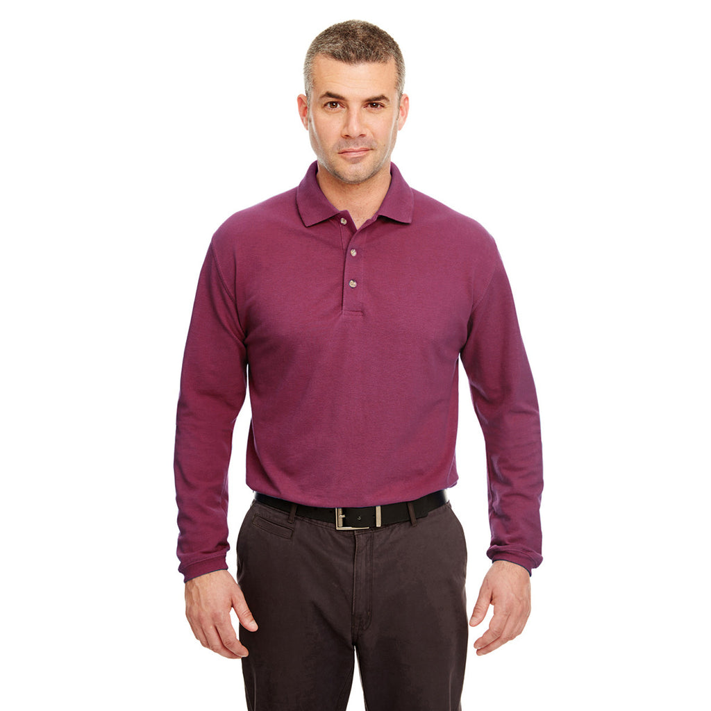 UltraClub Men's Burgundy Long-Sleeve Classic Pique Polo