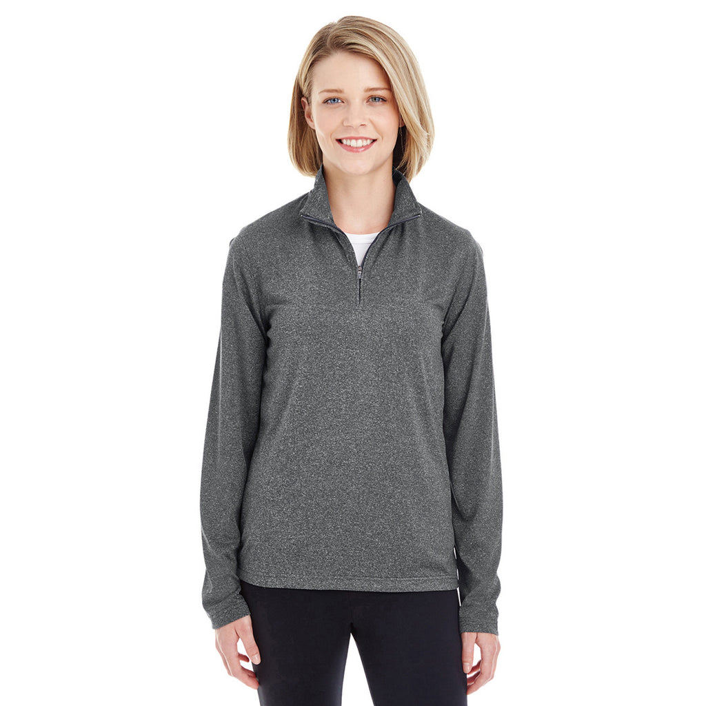 UltraClub Women's Black Heather Cool & Dry Heathered Performance Quarter-Zip