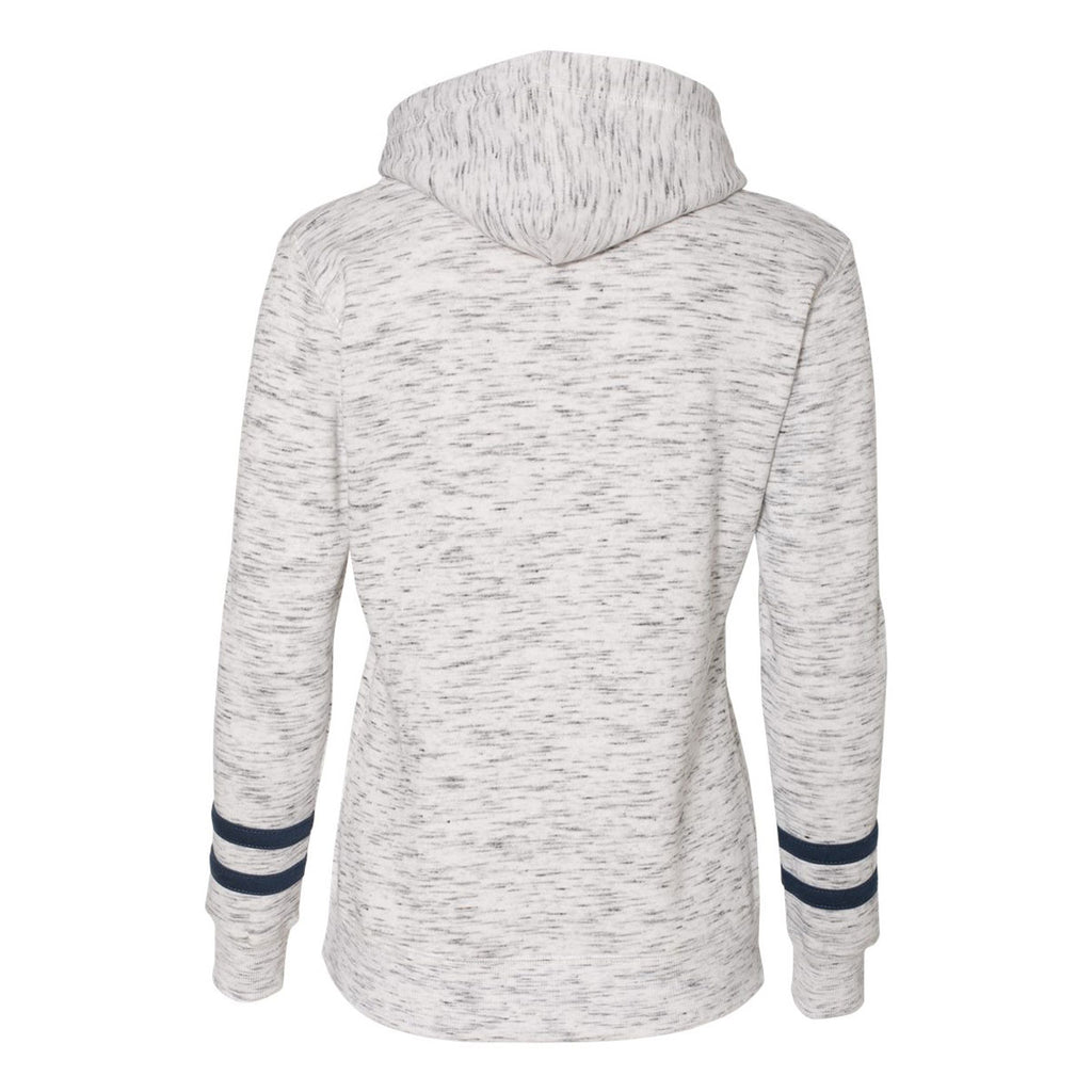 J. America Women's White/Navy Melange Fleece Striped Sleeve Hooded Pullover