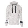 J. America Women's White/Navy Melange Fleece Striped Sleeve Hooded Pullover