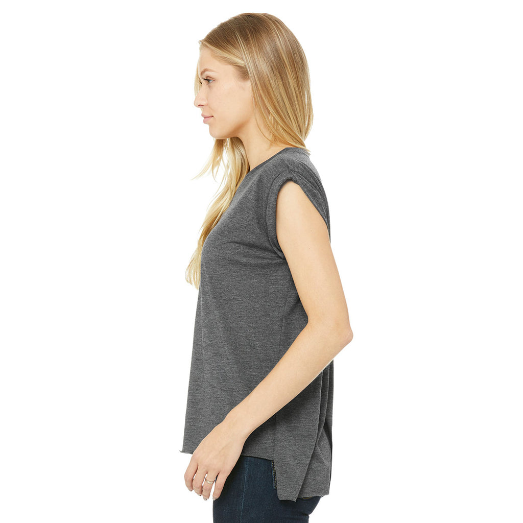 Bella + Canvas Women's Dark Grey Heather Flowy T-Shirt with Rolled Cuff