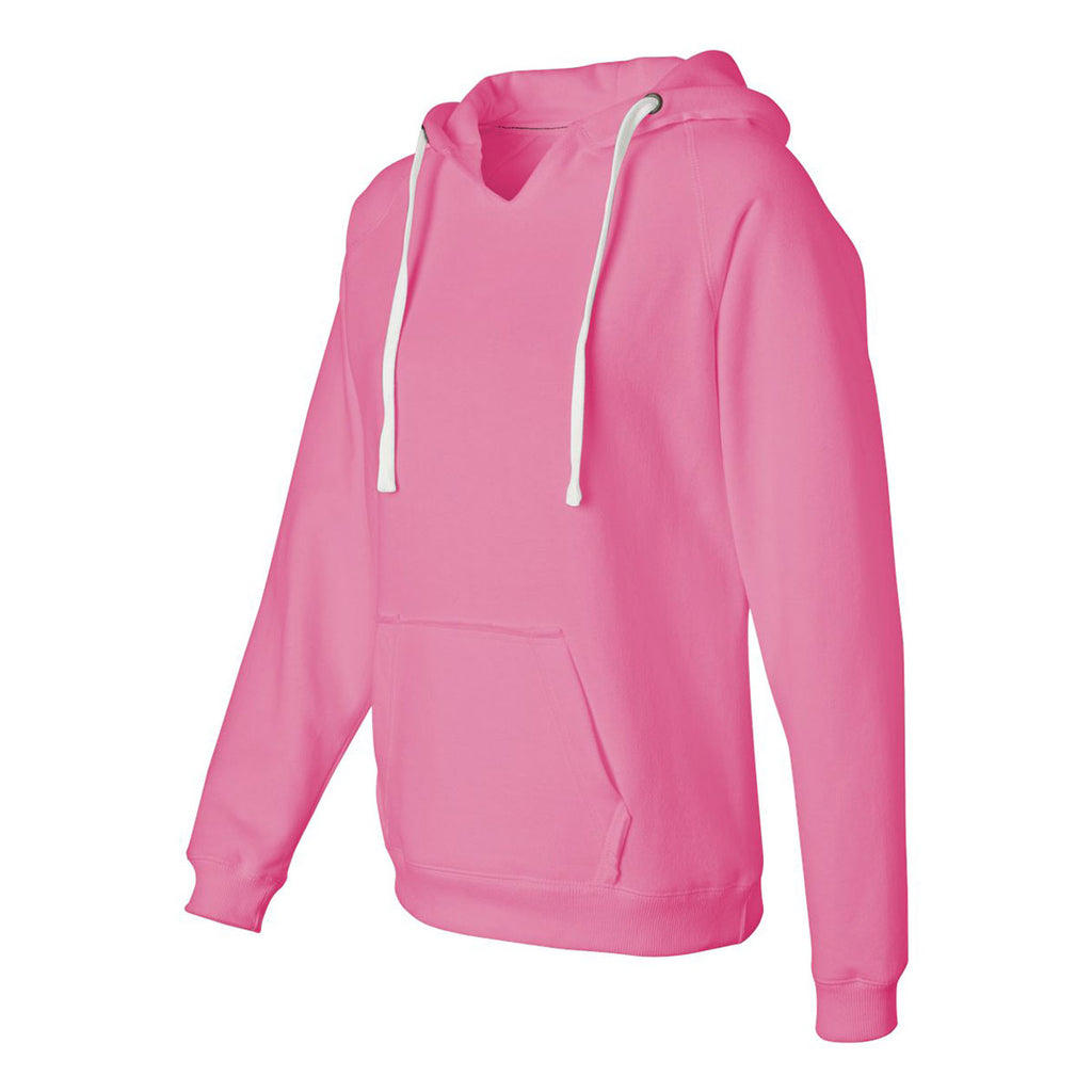 J. America Women's Neon Pink Sueded V-Neck Hooded Sweatshirt