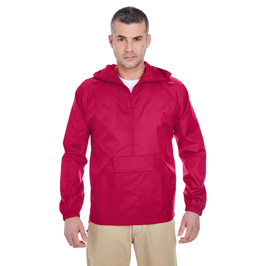 UltraClub Men's Red Quarter-Zip Hooded Pullover Pack-Away Jacket