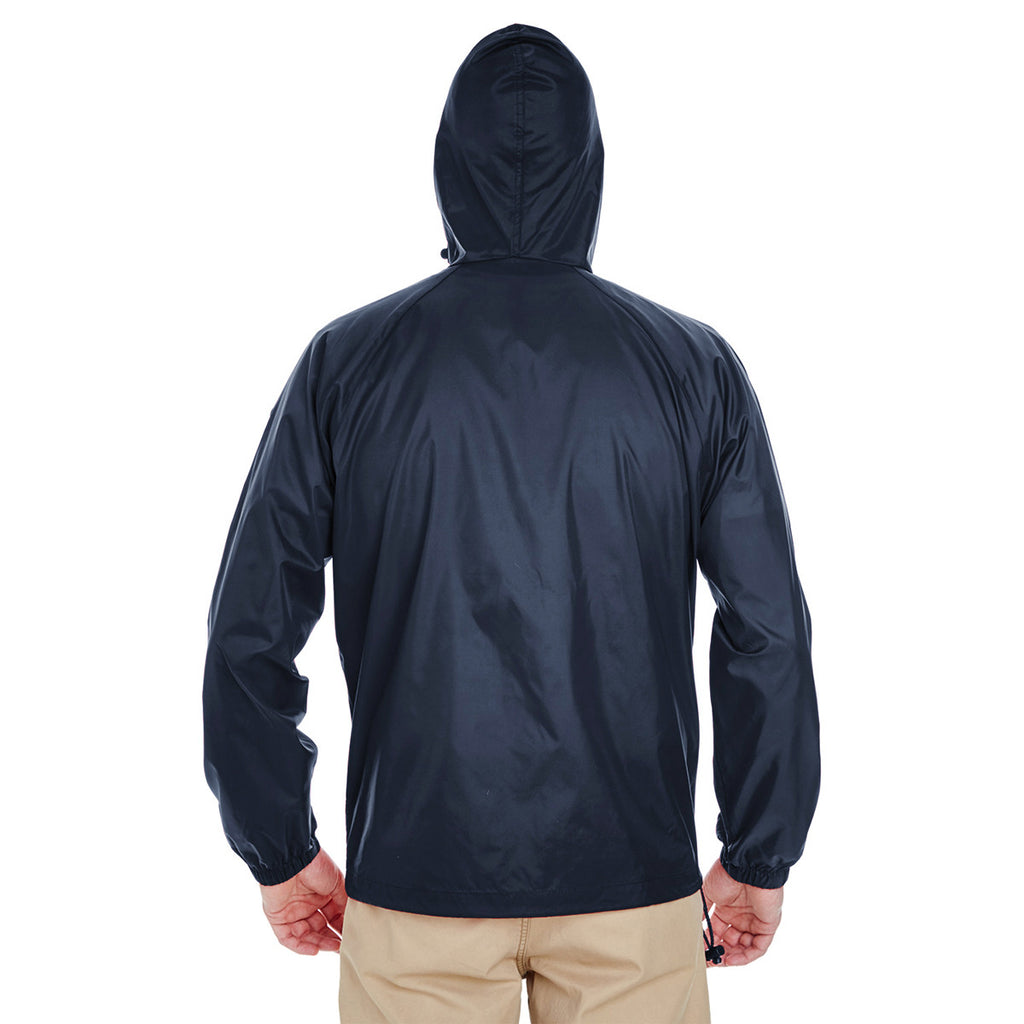 UltraClub Men's True Navy Quarter-Zip Hooded Pullover Pack-Away Jacket