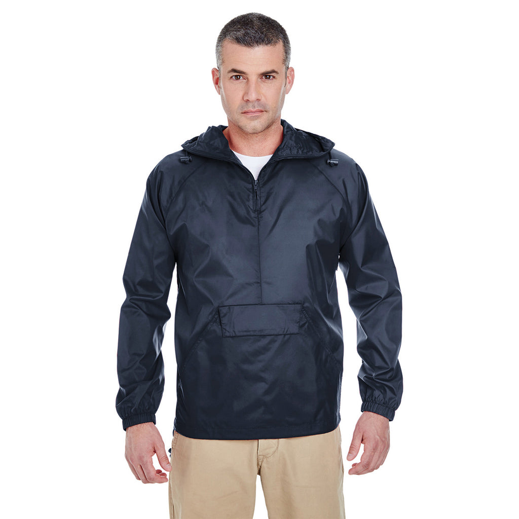 UltraClub Men's True Navy Quarter-Zip Hooded Pullover Pack-Away Jacket