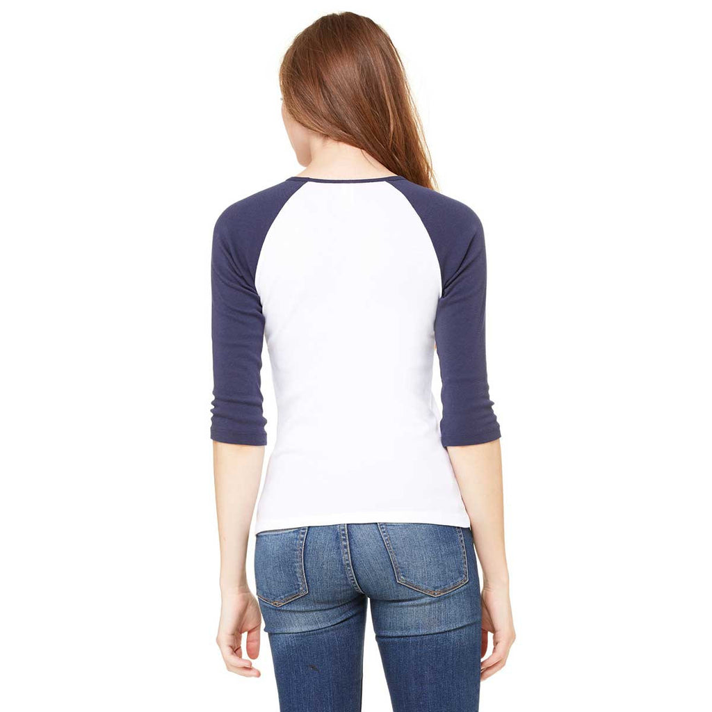 Bella + Canvas Women's White/Navy Stretch Rib 3/4-Sleeve Contrast Raglan T-Shirt