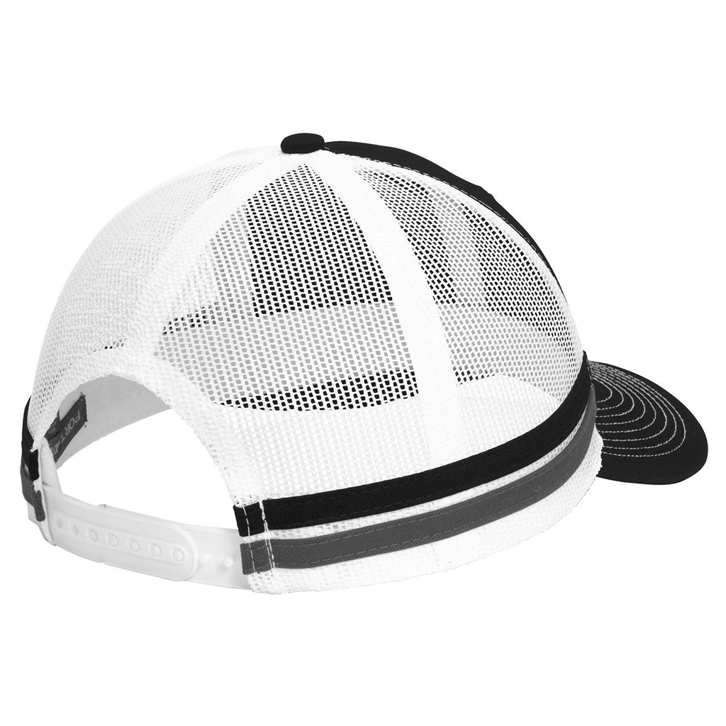 Port Authority Black/Grey Steel/White Two-Stripe Snapback Trucker Cap