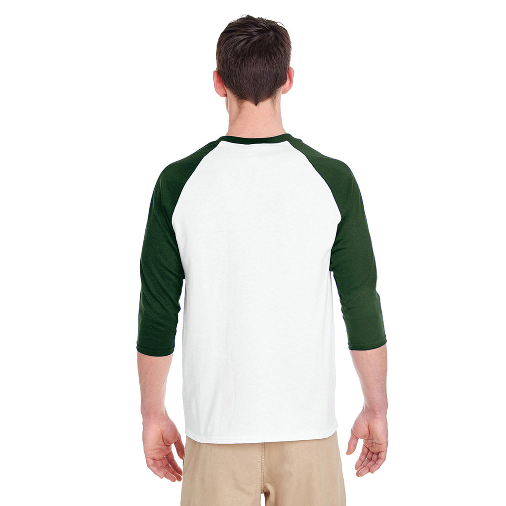 Gildan Unisex White/Forest 5.3 oz. 3/4-Raglan Sleeve T-Shirt