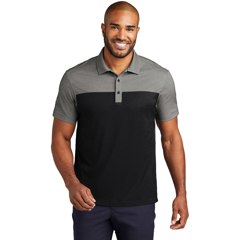 Port Authority Men's Deep Black/ Charcoal Heather Fine Pique Blend Blocked Polo