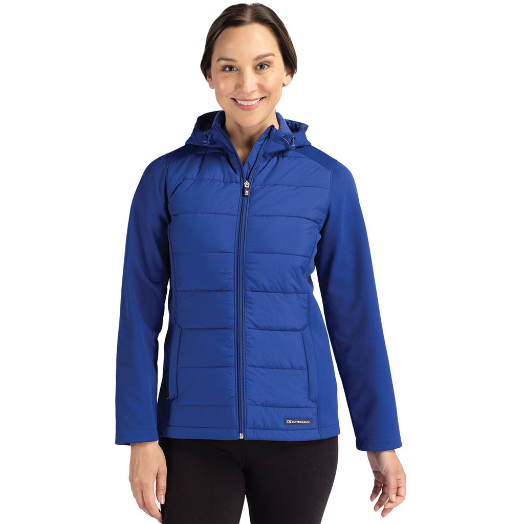 Cutter & Buck Women's Tour Blue Evoke Hybrid Eco Softshell Recycled Full Zip Hooded Jacket