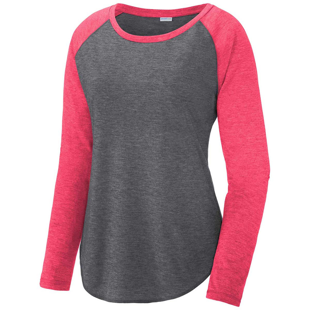 Sport-Tek Women's Pink Raspberry Heather/Dark Grey Heather PosiCharge Long Sleeve Tri-Blend Wicking Scoop Neck Raglan Tee