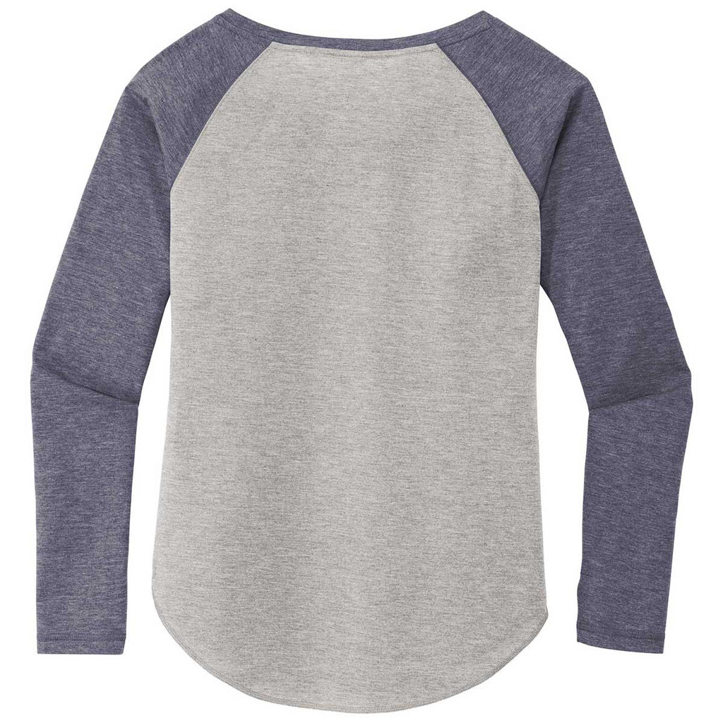 Sport-Tek Women's True Navy Heather/Light Grey Heather PosiCharge Long Sleeve Tri-Blend Wicking Scoop Neck Raglan Tee