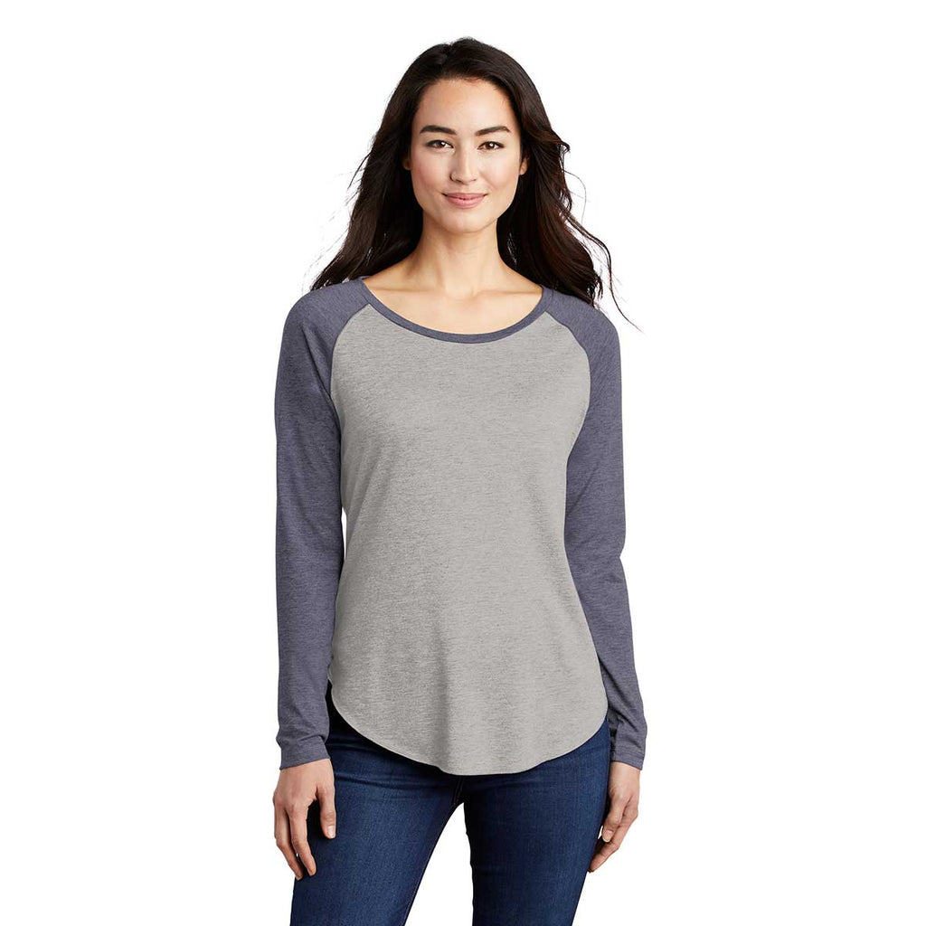 Sport-Tek Women's True Navy Heather/Light Grey Heather PosiCharge Long Sleeve Tri-Blend Wicking Scoop Neck Raglan Tee