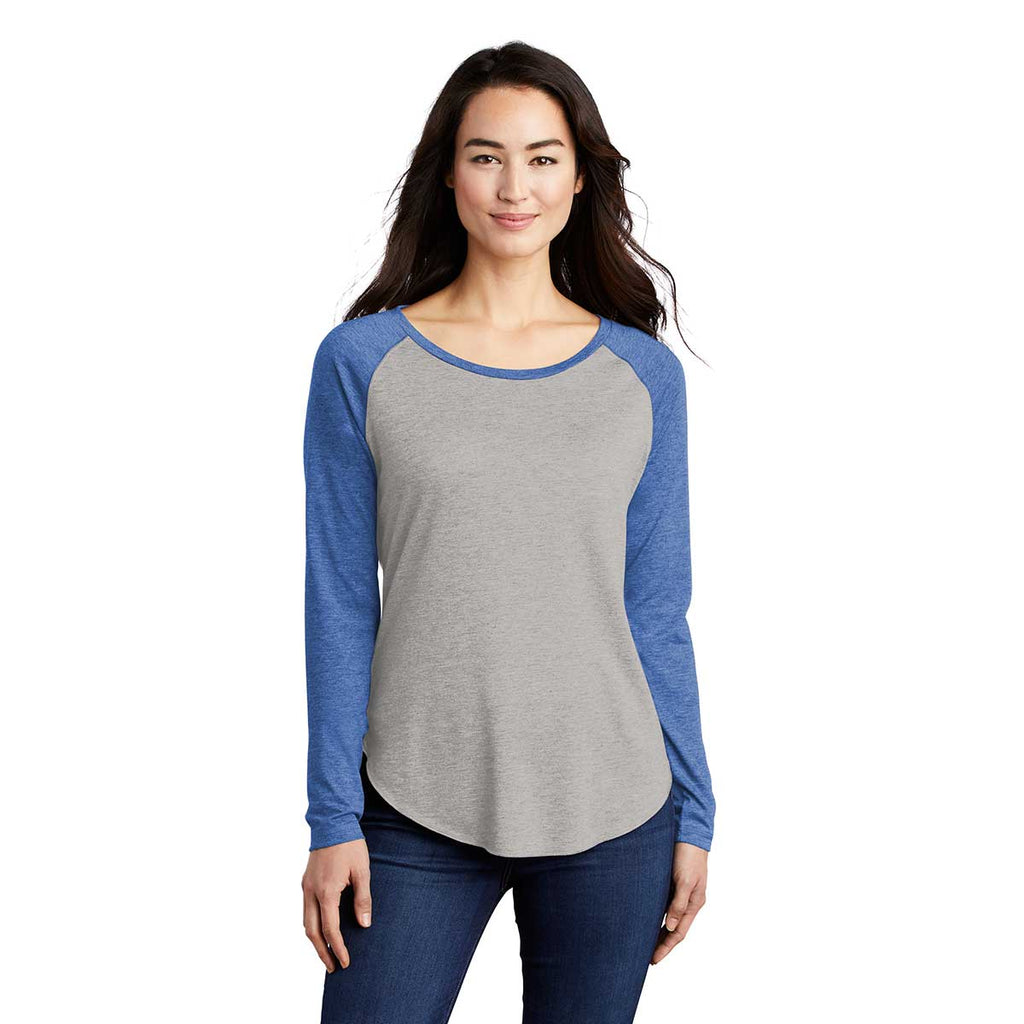 Sport-Tek Women's True Royal Heather/Light Grey Heather PosiCharge Long Sleeve Tri-Blend Wicking Scoop Neck Raglan Tee