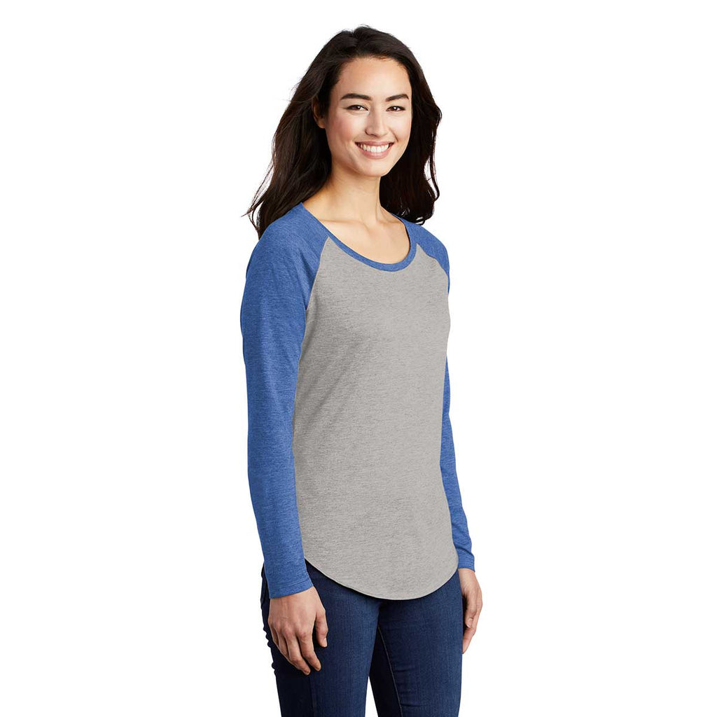 Sport-Tek Women's True Royal Heather/Light Grey Heather PosiCharge Long Sleeve Tri-Blend Wicking Scoop Neck Raglan Tee