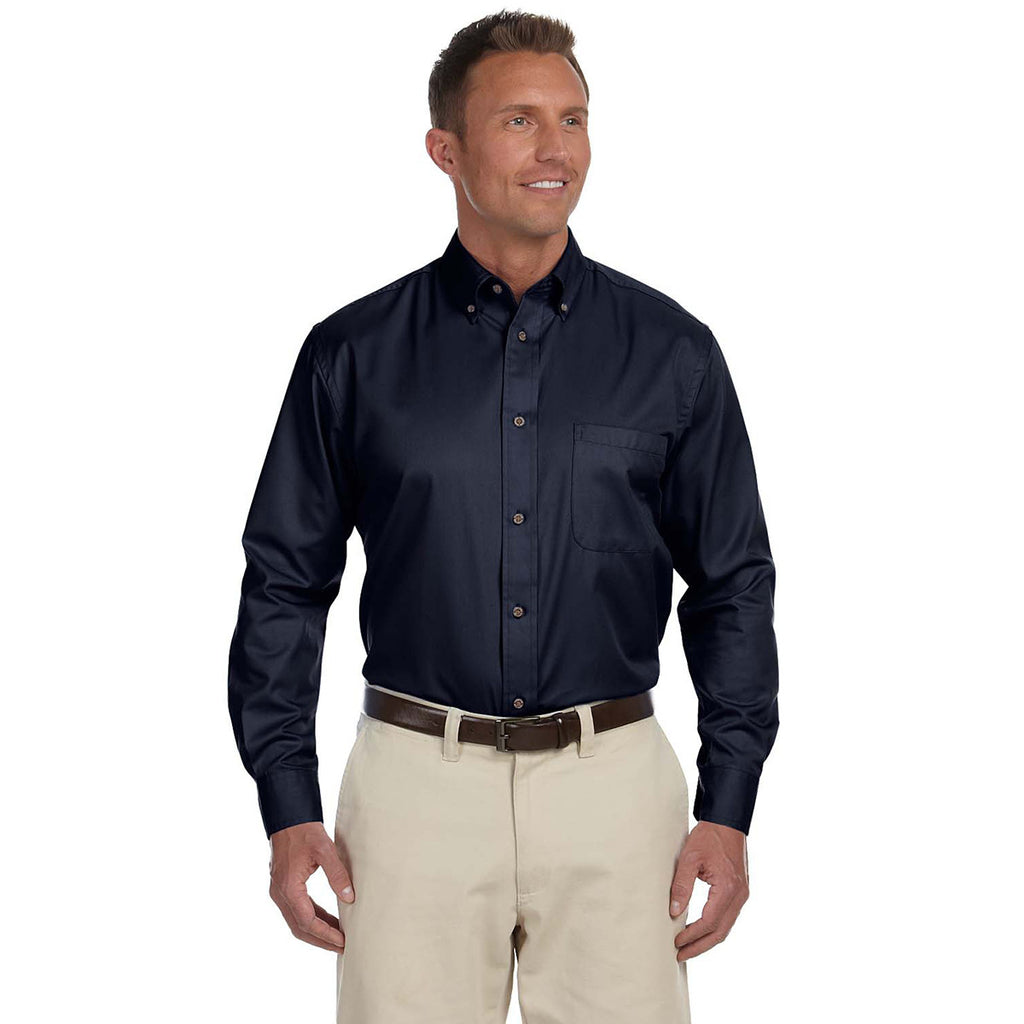 Harriton Men's Navy Easy Blend Long-Sleeve Twill Shirt with Stain-Release