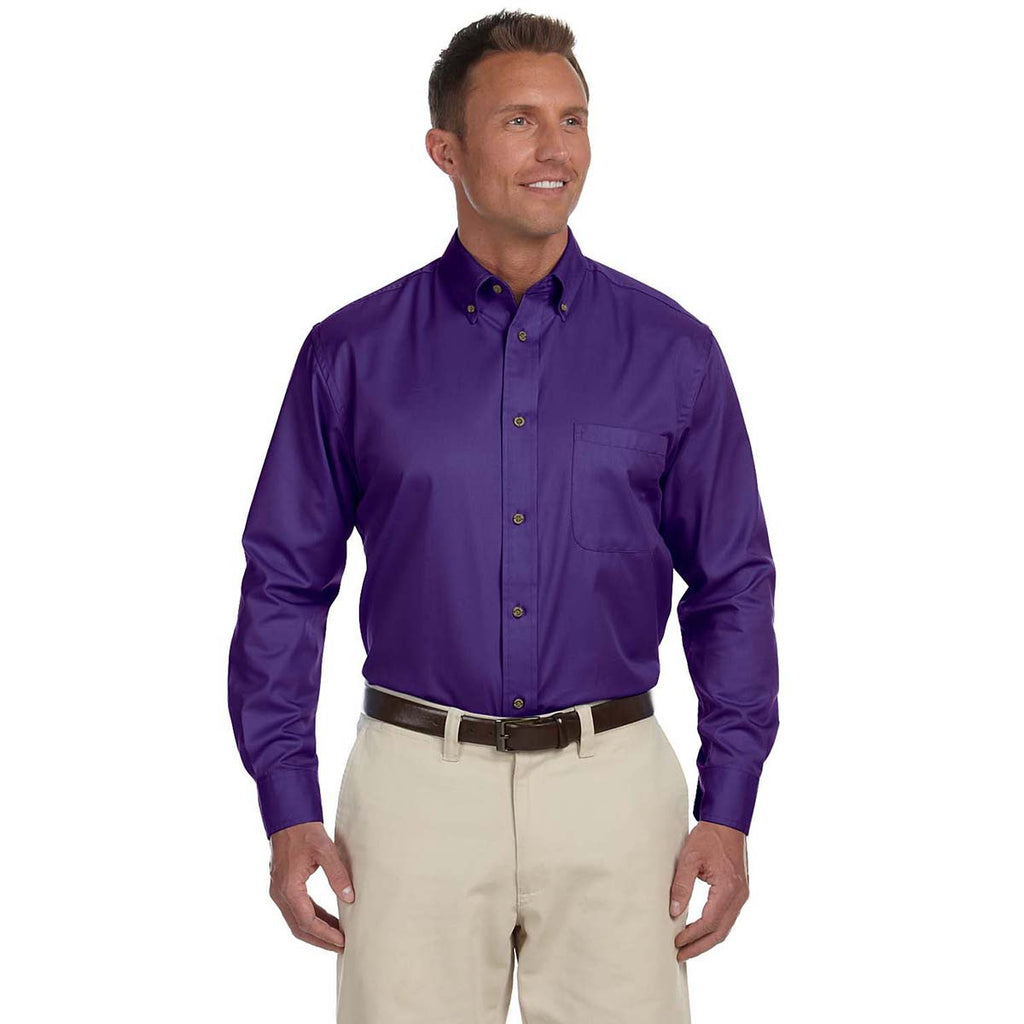 Harriton Men's Team Purple Easy Blend Long-Sleeve Twill Shirt with Stain-Release