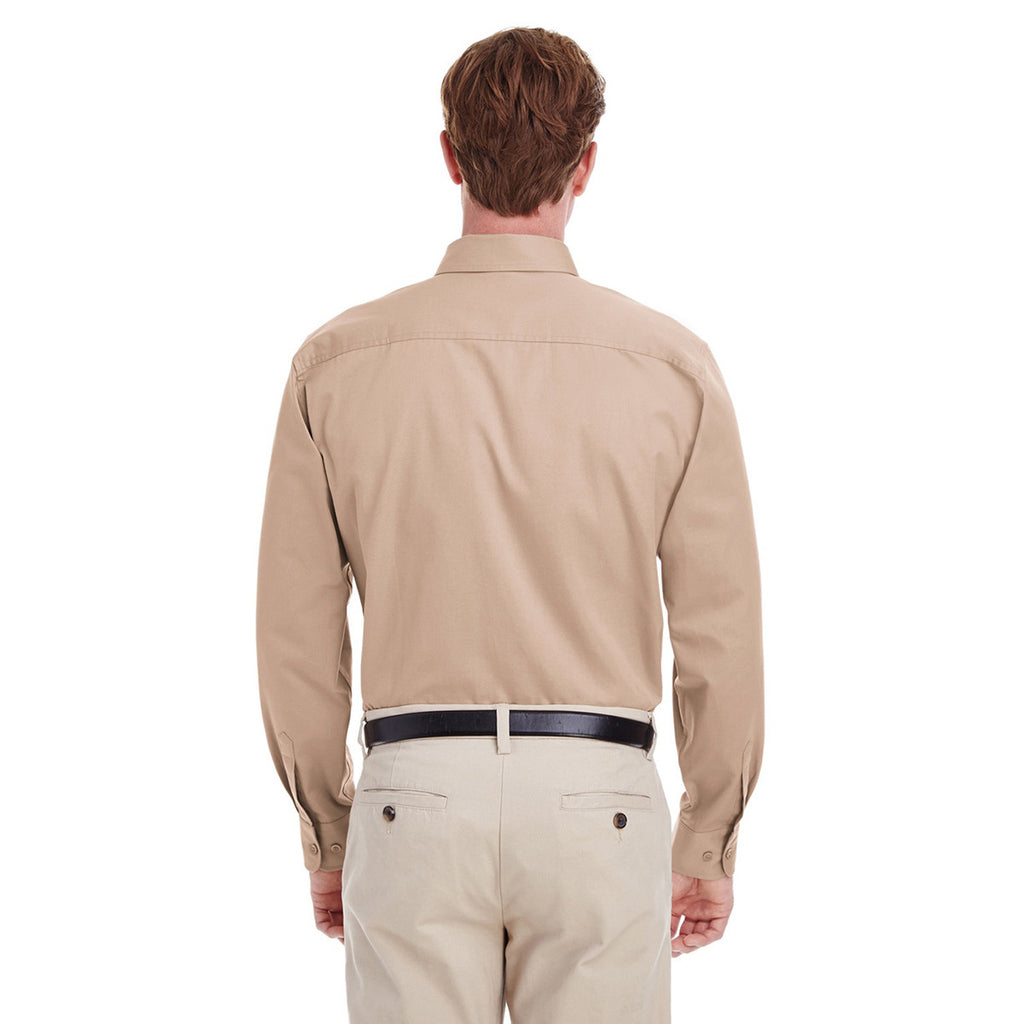 Harriton Men's Khaki Foundation 100% Cotton Long-Sleeve Twill Shirt with Teflon