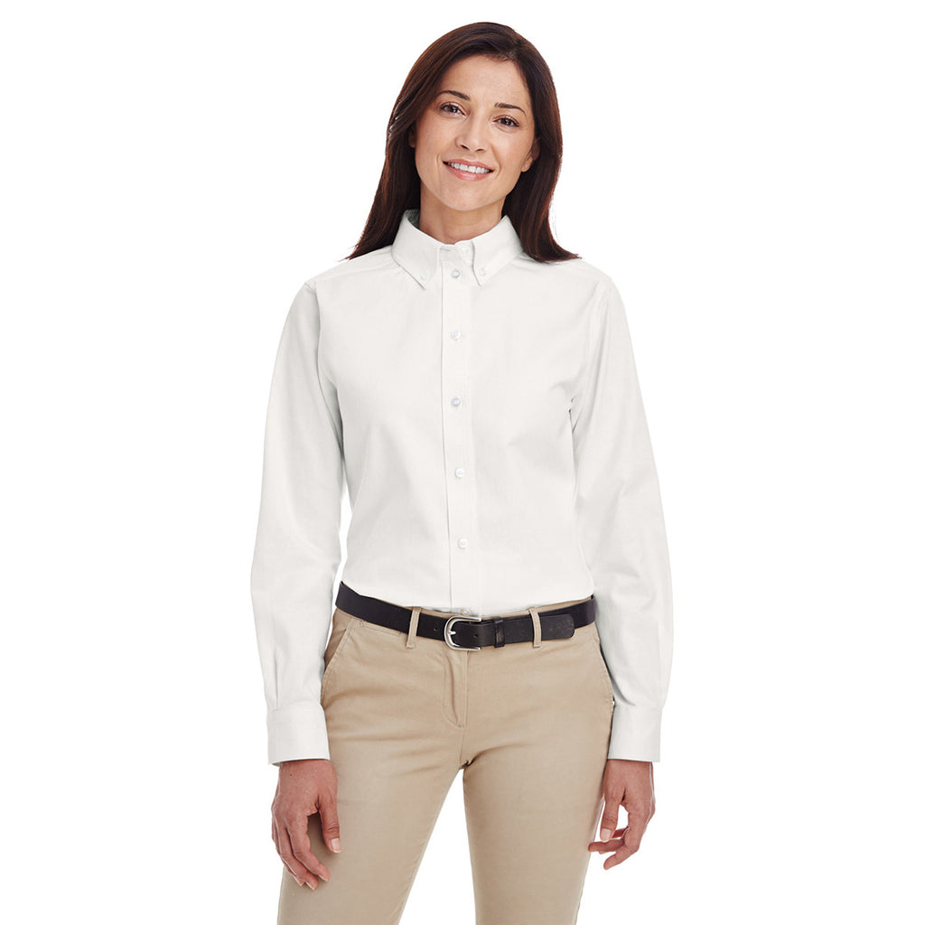 Harriton Women's White Foundation 100% Cotton Long-Sleeve Twill Shirt with Teflon