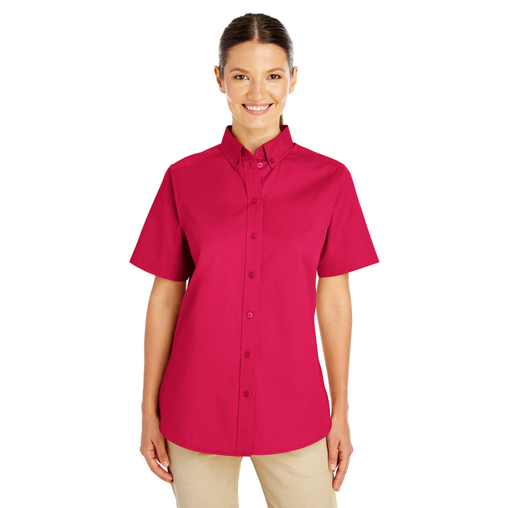 Harriton Women's Red Foundation 100% Cotton Short-Sleeve Twill Shirt Teflon