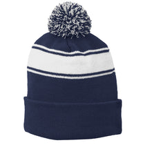 Sport-Tek Stripe True Navy/White Pom Pom Beanie