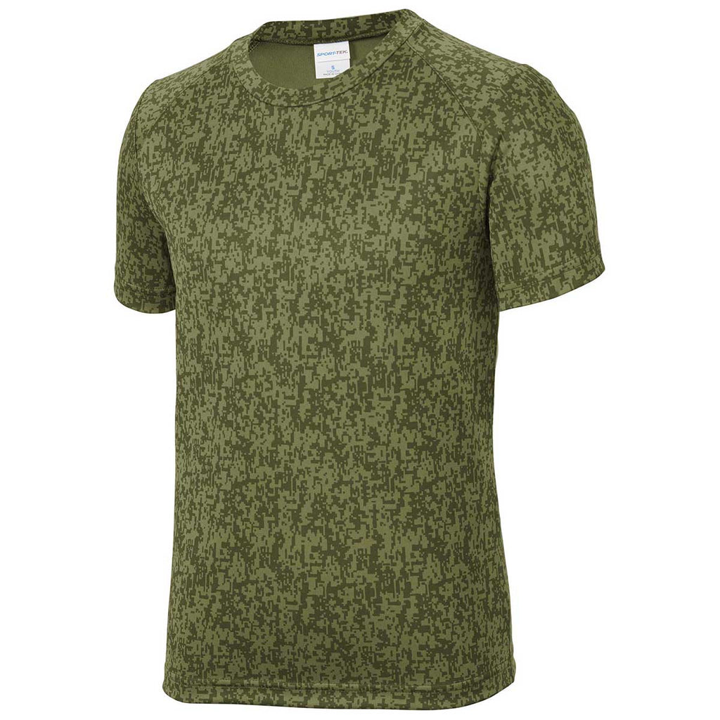 Sport-Tek Youth Olive Drab Green PosiCharge Digi Camo Short Sleeve Tee